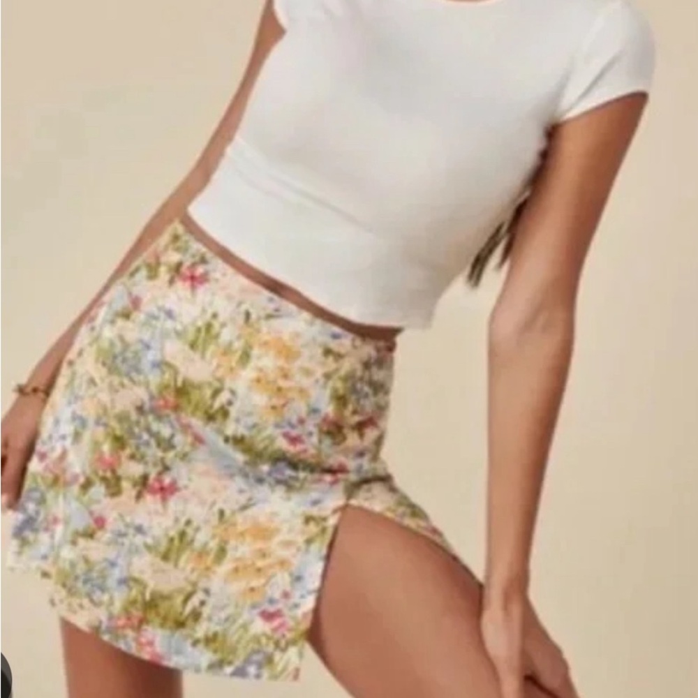 Reformation Pink and Yellow Mini Pencil Skirt with Slit